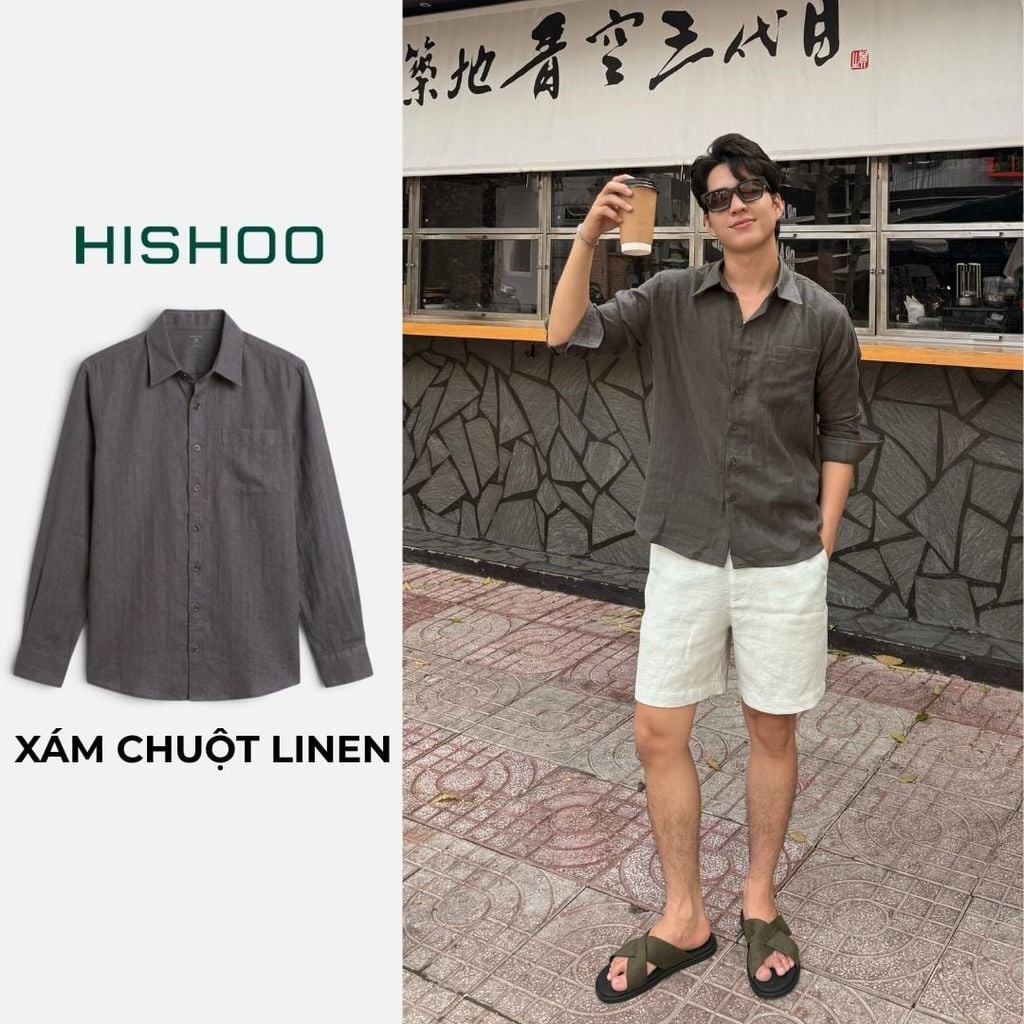 Áo Sơ Mi Nam Tay Dài Relax Form Rộng, Cổ Thường, Lai Ngang Linen Solene Vải Mềm Mát HISHOO A2T003