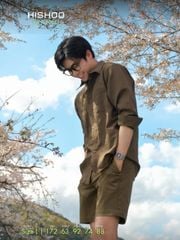 Áo Sơ Mi Rêu Nút Gỗ Nam Tay Dài Relax Form Rộng, Cổ Thường, Lai Ngang Linen Solene Vải Mềm Mát HISHOO A2T003