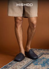 Dép đế trấu sục Boston quai ngang Xanh Dương da saffiano  HISHOO R109