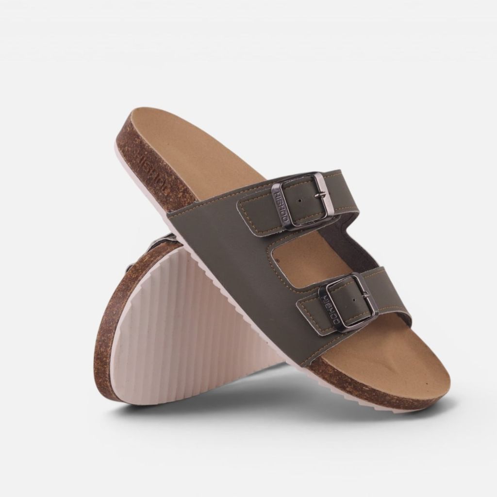 Dép đế trấu birken Rêu quai ngang 2 khoá da bò HISHOO M093