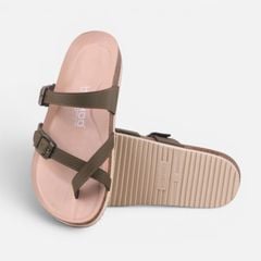 Dép đế trấu birken Xỏ Ngón Xanh Olive Da Trơn Premium HISHOO B098
