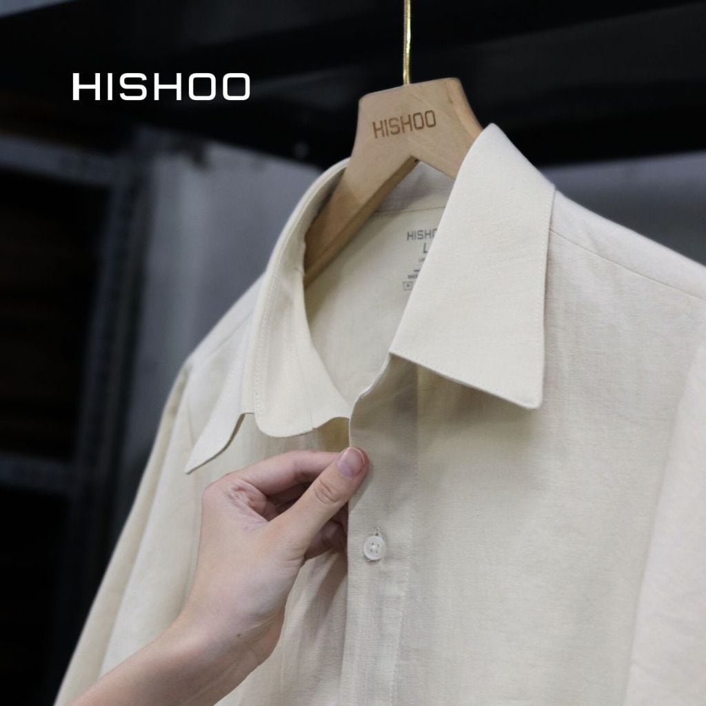 Áo Sơ Mi Kem Nữ Relax Form Rộng, Cổ Danton, Lai Ngang Linen Solene Vải Mềm Mát HISHOO A1G004