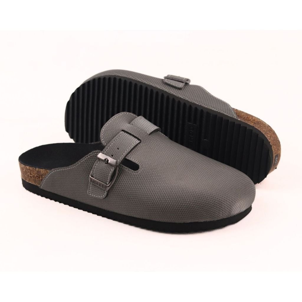 Dép đế trấu sục Boston quai ngang Xám Ghi da saffiano  HISHOO R109