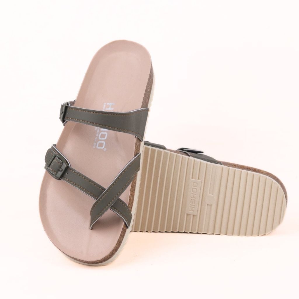 Dép đế trấu birken Xỏ Ngón Xanh Olive Da Trơn Premium HISHOO B098
