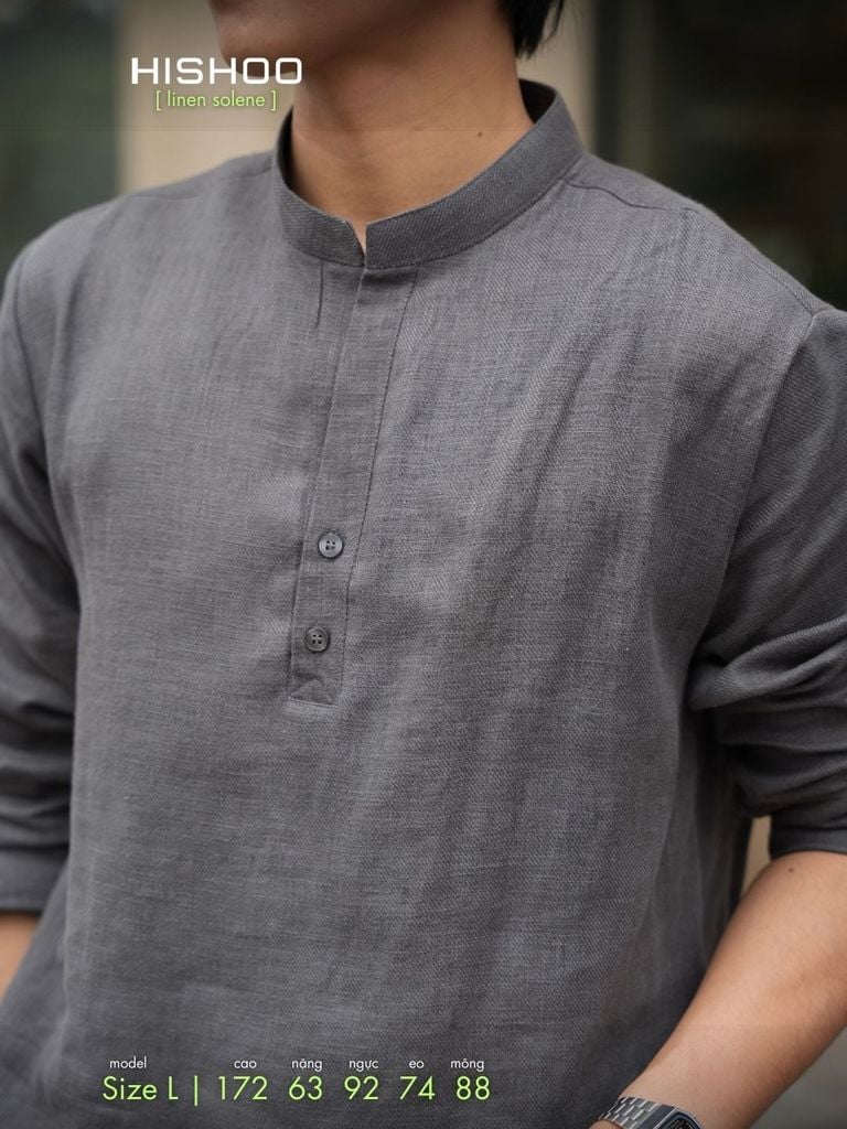 Áo Sơ Mi Nam Xám Chuột Tay Dài Relax Form Rộng, Cổ Polo Tàu Vuông, Xẻ V Linen Solene Vải Mềm Mát HISHOO A3T002