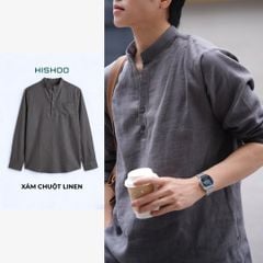 Áo Sơ Mi Nam Tay Dài Relax Form Rộng, Cổ Polo Tàu Vuông, Xẻ V Linen Solene Vải Mềm Mát HISHOO A3T002