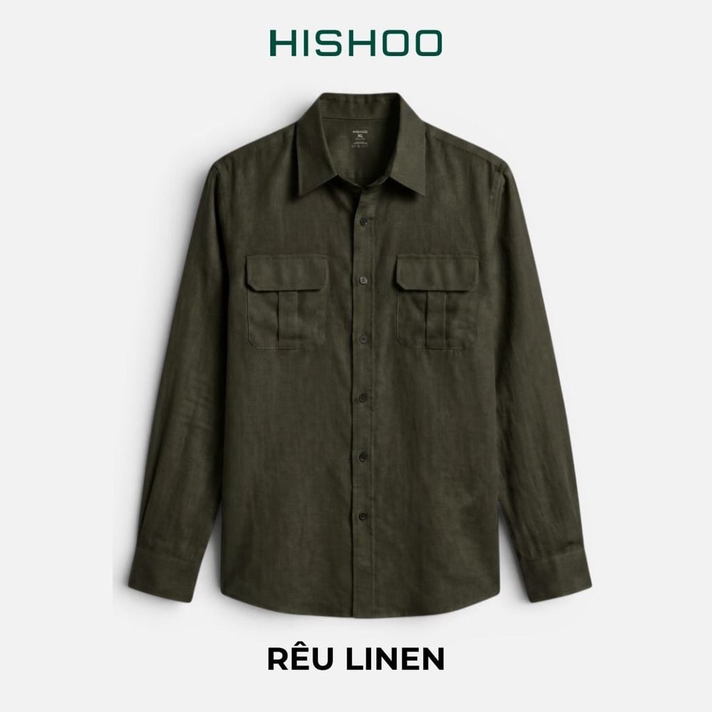 Áo Sơ Mi Nam 2 Túi Tay Dài  Relax Form Rộng, Cổ Thường, Lai Ngang Linen Solene Vải Mềm Mát HISHOO A2T005