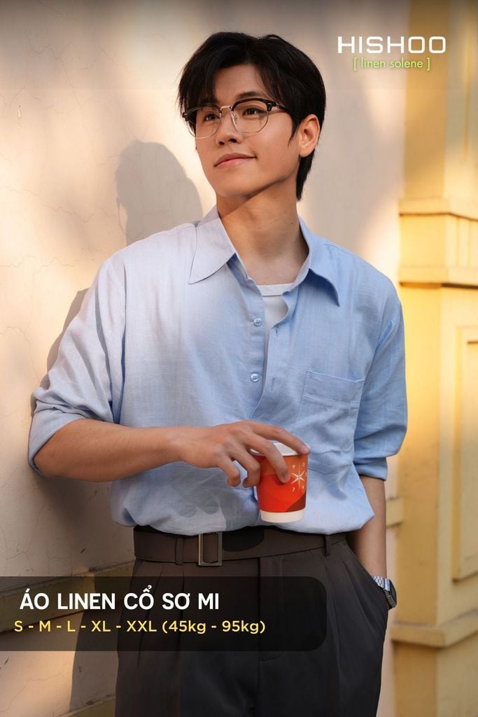 Áo Sơ Mi Nam Xanh Nhạt Tay Dài Relax Form Rộng, Cổ Thường, Lai Ngang Linen Solene Vải Mềm Mát HISHOO A2T003