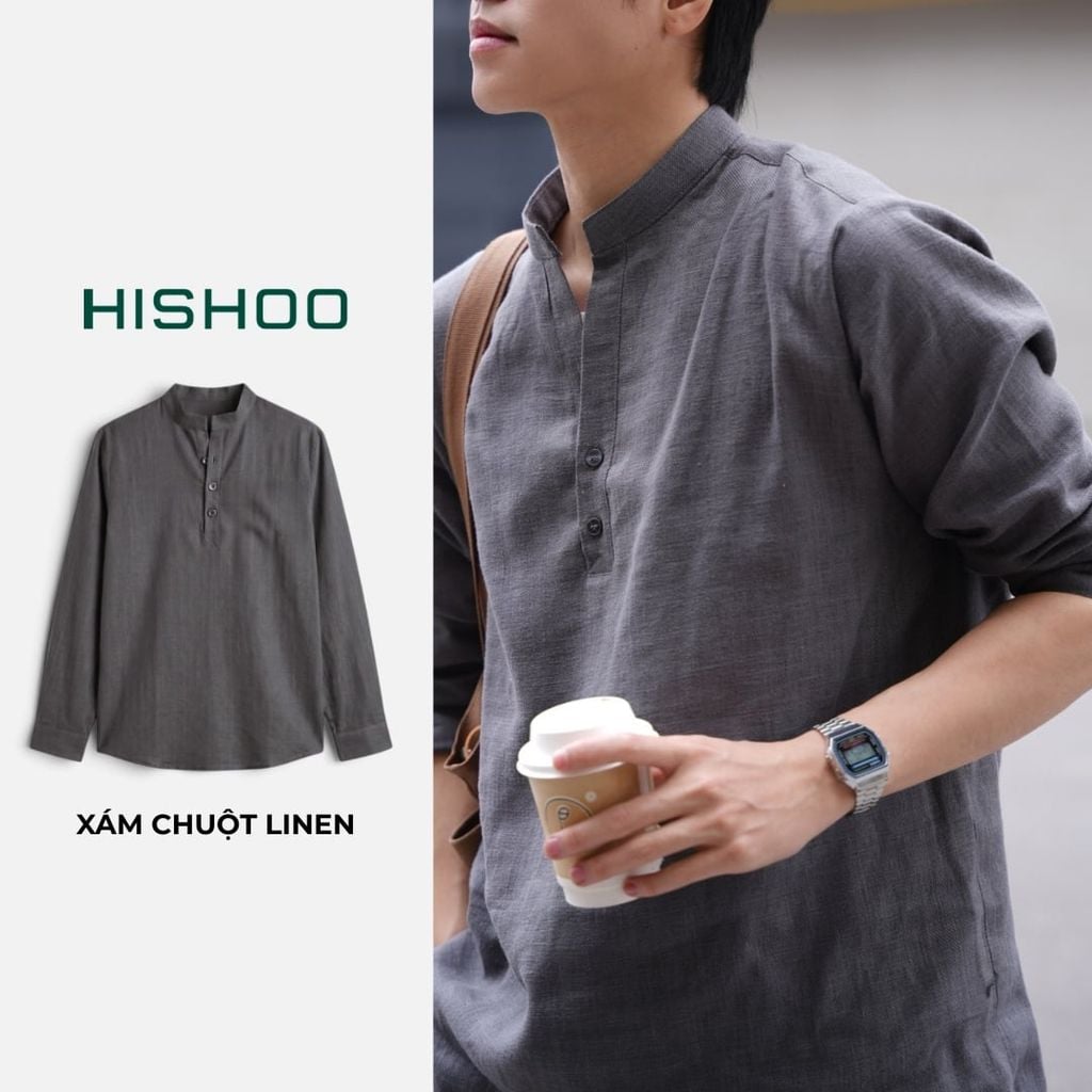 Áo Sơ Mi Nam Tay Dài Relax Form Rộng, Cổ Polo Tàu Vuông, Xẻ V Linen Solene Vải Mềm Mát HISHOO A3T002