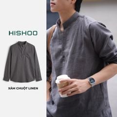 Áo Sơ Mi Nam Tay Dài Relax Form Rộng, Cổ Polo Tàu Vuông, Xẻ V Linen Solene Vải Mềm Mát HISHOO A3T002