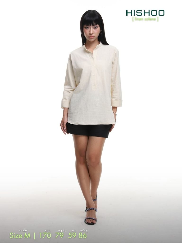 Áo Sơ Mi Kem Nữ Tay Dài Relax Form Rộng, Cổ Polo Tàu Vuông, Xẻ V Linen Solene Vải Mềm Mát HISHOO A3G002