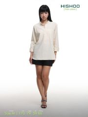 Áo Sơ Mi Kem Nữ Tay Dài Relax Form Rộng, Cổ Polo Tàu Vuông, Xẻ V Linen Solene Vải Mềm Mát HISHOO A3G002