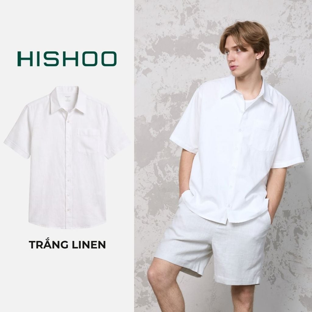 Áo Sơ Mi Nam Relax Form Rộng, Cổ Thường, Lai Ngang Linen Solene Vải Mềm Mát HISHOO A1T003
