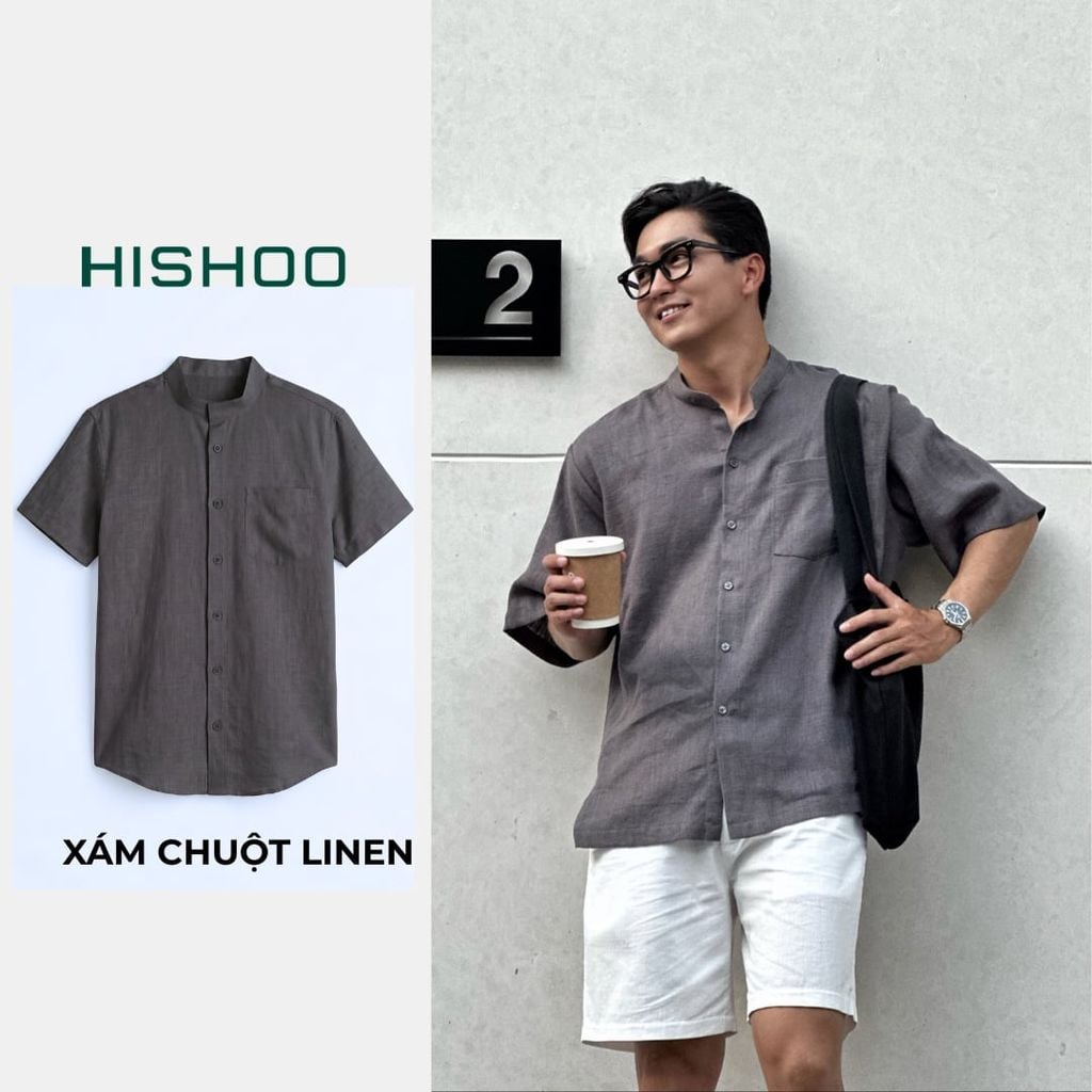 Áo Sơ Mi Nam Relax Form Rộng, Cổ Tàu Vuông, Lai Ngang Linen Solene Vải Mềm Mát HISHOO A1T002