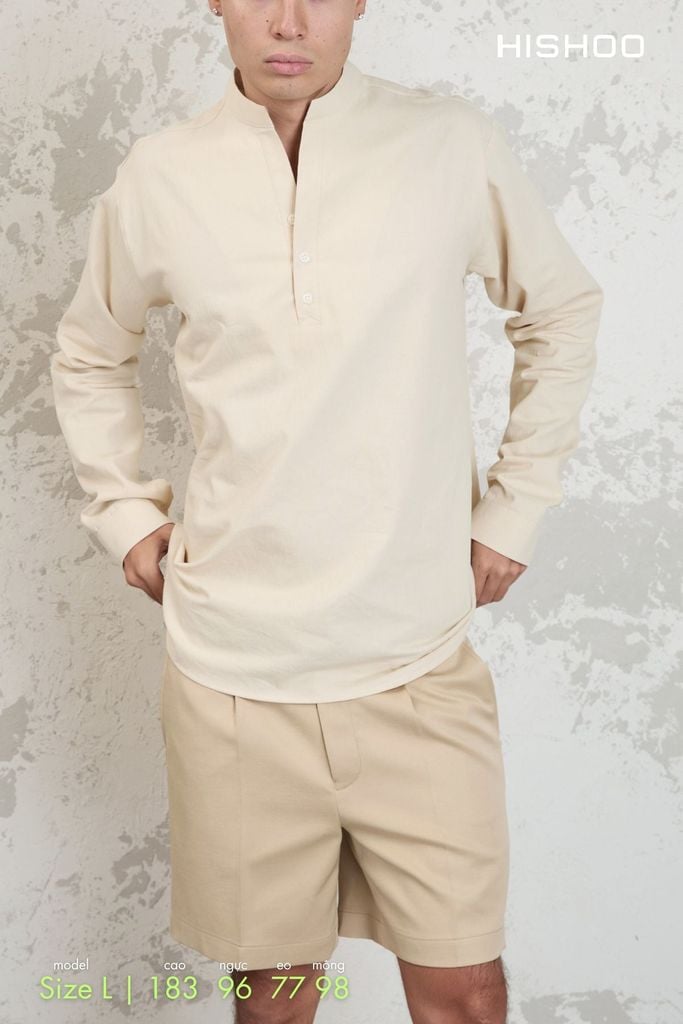 Áo Sơ Mi Nam Tay Dài Relax Form Rộng, Cổ Polo Tàu Vuông, Xẻ V Linen Solene Vải Mềm Mát HISHOO A3T002