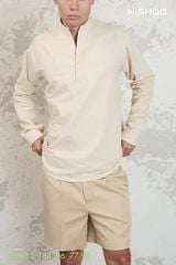 Áo Sơ Mi Nam Tay Dài Relax Form Rộng, Cổ Polo Tàu Vuông, Xẻ V Linen Solene Vải Mềm Mát HISHOO A3T002