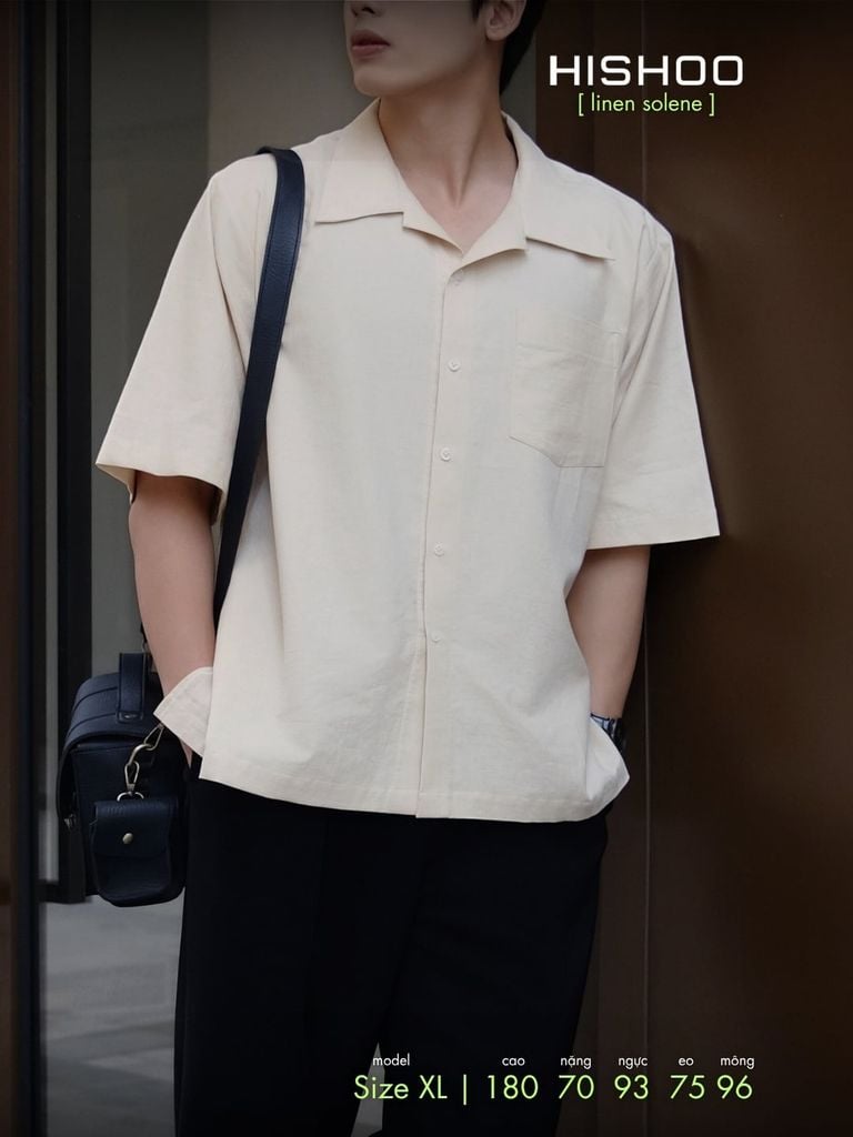 Áo Sơ Mi Nam Kem Relax Form Rộng, Cổ Bác Sĩ, Lai Ngang Linen Solene Vải Mềm Mát HISHOO A1T004