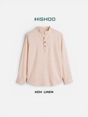 Áo Sơ Mi Nữ Nút Gỗ Tay Dài Relax Form Rộng, Cổ Polo Tàu Vuông, Xẻ V Linen Solene Vải Mềm Mát HISHOO A3G002