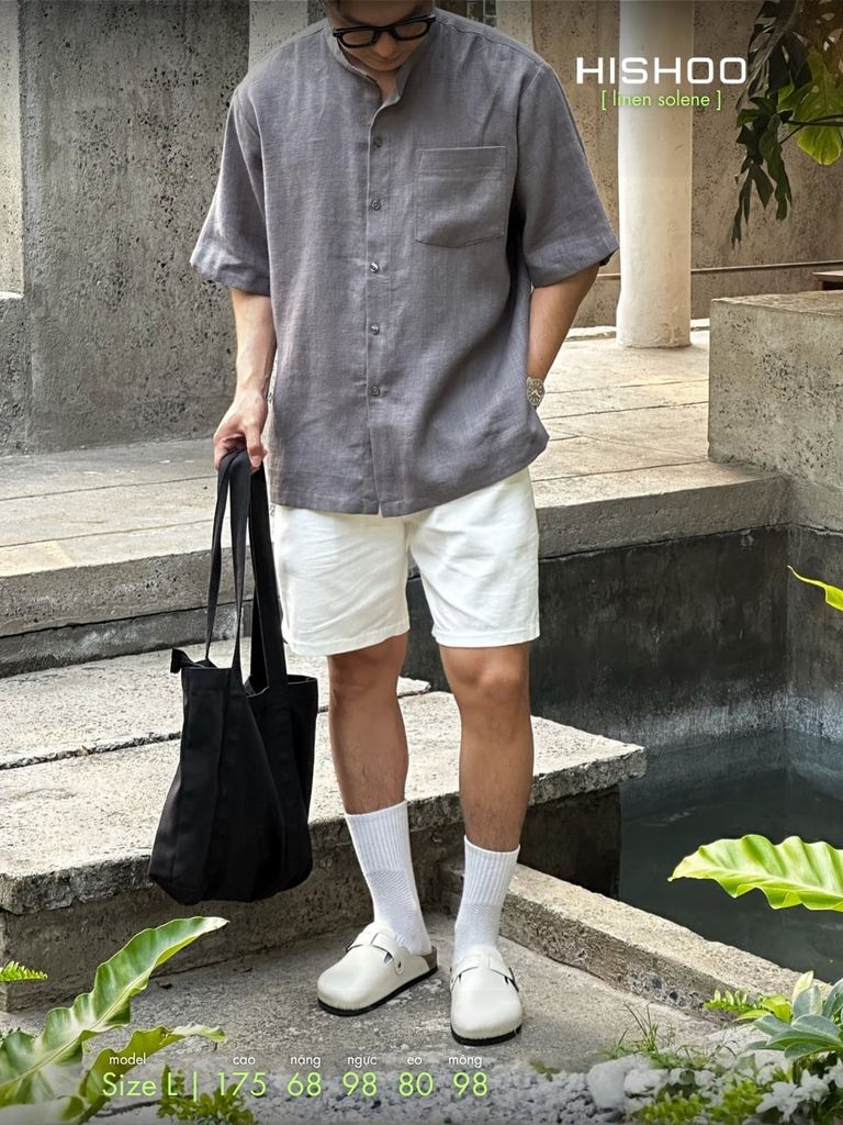 Áo Sơ Mi Xám Chuột Nam Relax Form Rộng, Cổ Tàu Vuông, Lai Ngang Linen Solene Vải Mềm Mát HISHOO A1T002