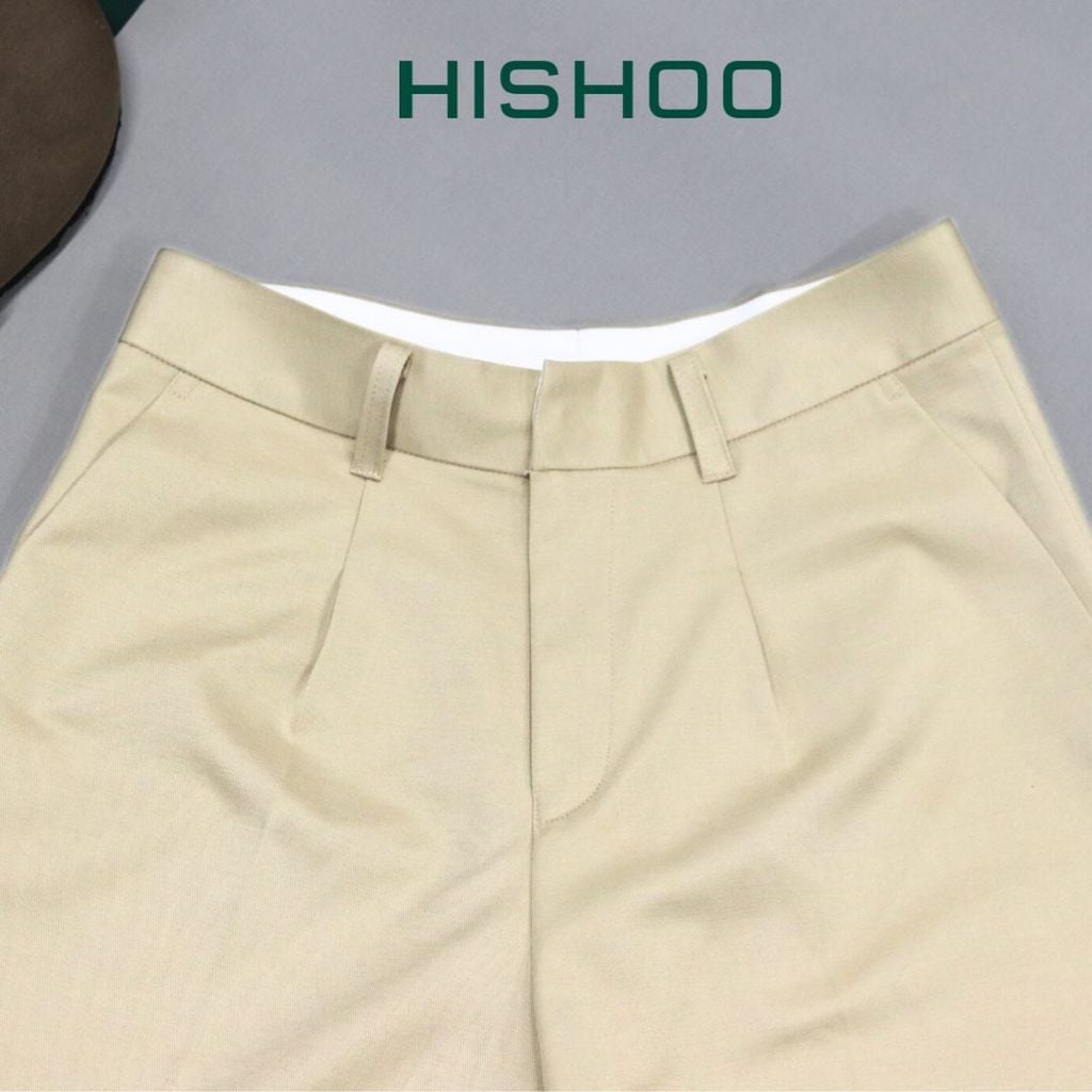 Quần kaki nữ lưng cao xếp li Hishoo short suông basic mặc đi chơi, đi làm HISHOO Q2G001