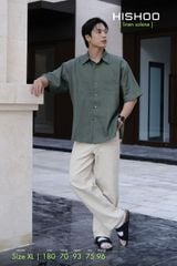 Áo Sơ Mi Nam Rêu  Relax Form Rộng, Cổ Thường, Lai Ngang Linen Solene Vải Mềm Mát HISHOO A1T003