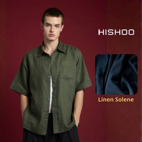 Áo Sơ Mi Nam Rêu  Relax Form Rộng, Cổ Thường, Lai Ngang Linen Solene Vải Mềm Mát HISHOO A1T003