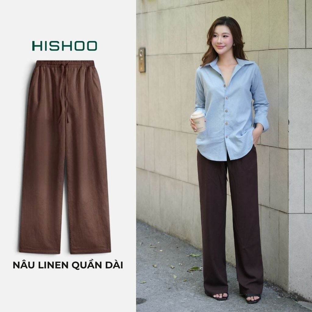 Quần dài Linen Nữ Lưng Thun, Hishoo basic mặc đi chơi, đi làm HISHOO Q3G001