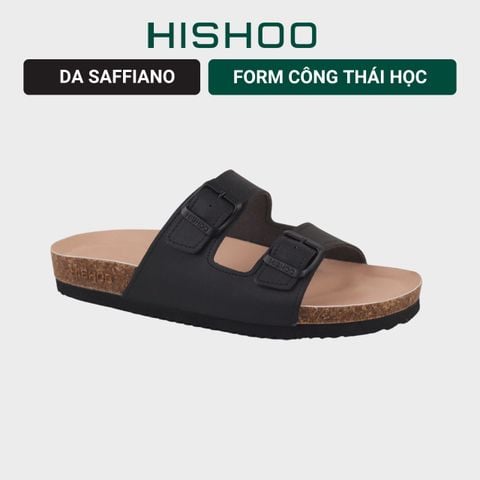 Dép đế trấu birken 2 khoá Đen Saffiano premium HISHOO B093