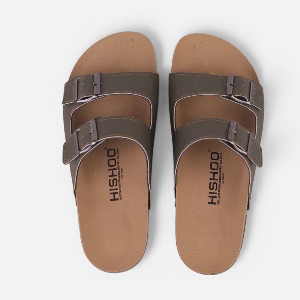 Dép đế trấu birken Rêu quai ngang 2 khoá da bò HISHOO M093