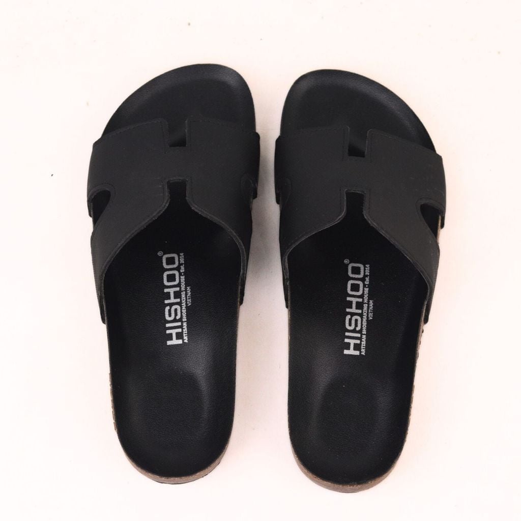 Dép đế trấu birken Chữ H MẶT ĐEN da SAFFIANO Hishoo M095