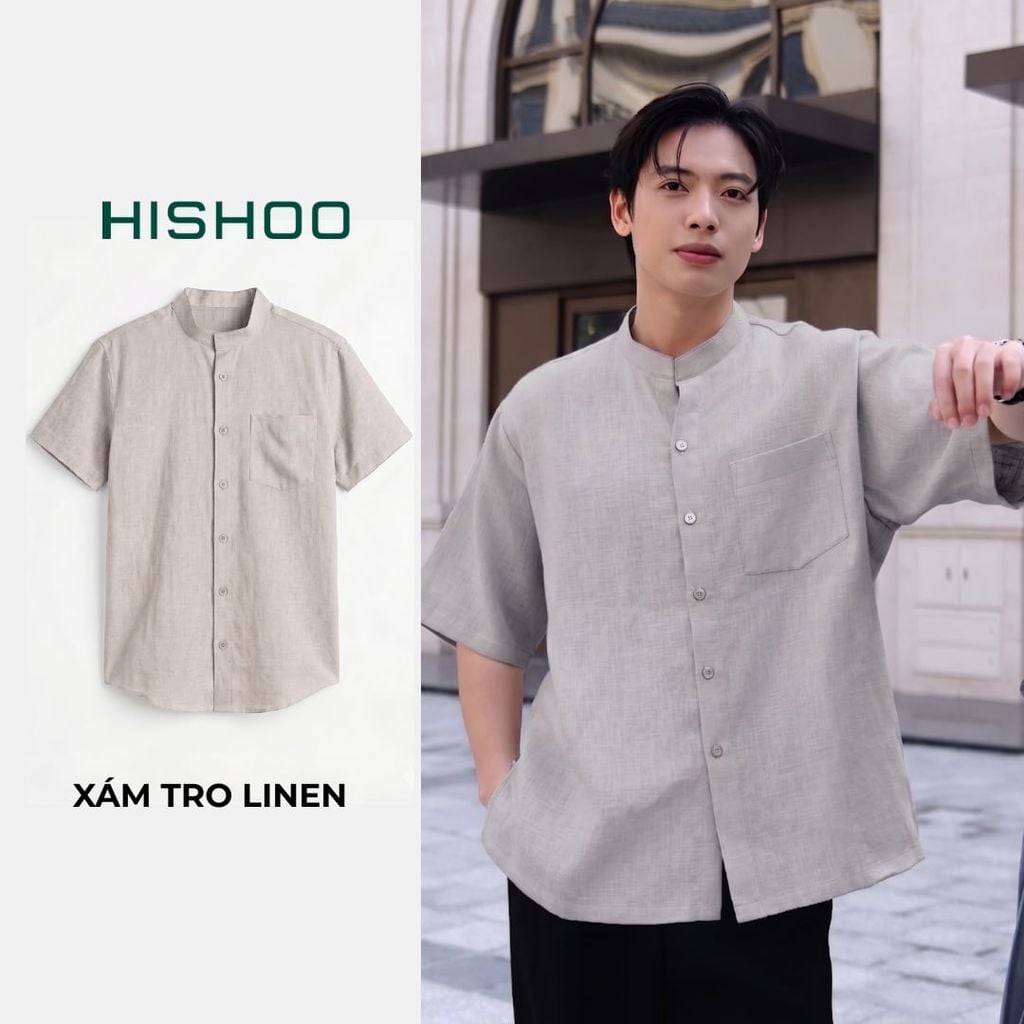 Áo Sơ Mi Nam Relax Form Rộng, Cổ Tàu Vuông, Lai Ngang Linen Solene Vải Mềm Mát HISHOO A1T002