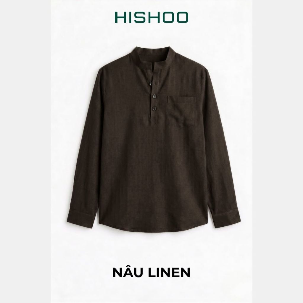 Áo Sơ Mi Nam Tay Dài Relax Form Rộng, Cổ Polo Tàu Vuông, Xẻ V Linen Solene Vải Mềm Mát HISHOO A3T002