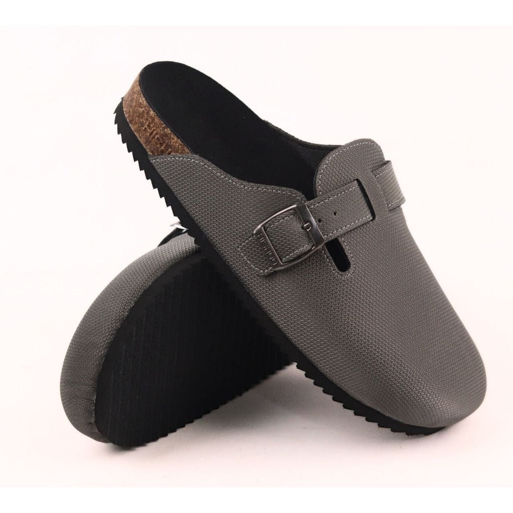 Dép đế trấu sục Boston quai ngang Xám Ghi da saffiano  HISHOO R109