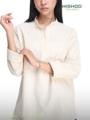 Áo Sơ Mi Kem Nữ Tay Dài Relax Form Rộng, Cổ Polo Tàu Vuông, Xẻ V Linen Solene Vải Mềm Mát HISHOO A3G002