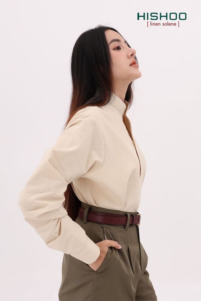 Áo Sơ Mi Kem Tay Dài Nữ Relax Form Rộng, Cổ Tàu Vuông, Lai Ngang Linen Solene Vải Mềm Mát HISHOO A2G002