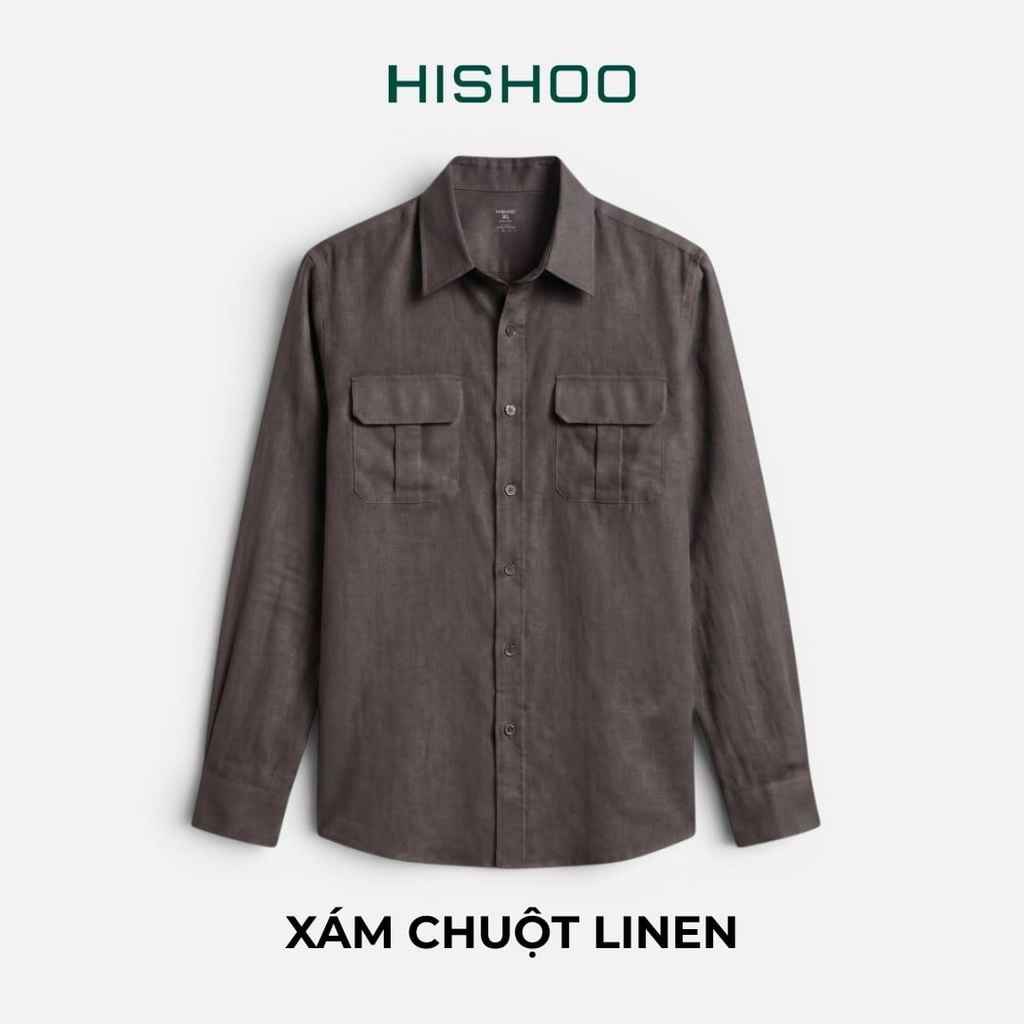 Áo Sơ Mi Nam 2 Túi Tay Dài  Relax Form Rộng, Cổ Thường, Lai Ngang Linen Solene Vải Mềm Mát HISHOO A2T005