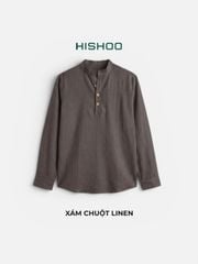 Áo Sơ Mi Nữ Nút Gỗ Tay Dài Relax Form Rộng, Cổ Polo Tàu Vuông, Xẻ V Linen Solene Vải Mềm Mát HISHOO A3G002