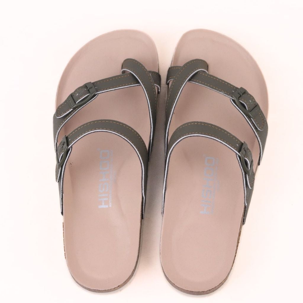 Dép đế trấu birken Xỏ Ngón Xanh Olive Da Trơn Premium HISHOO B098