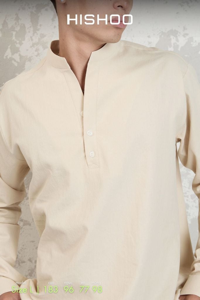 Áo Sơ Mi Nam Tay Dài Relax Form Rộng, Cổ Polo Tàu Vuông, Xẻ V Linen Solene Vải Mềm Mát HISHOO A3T002