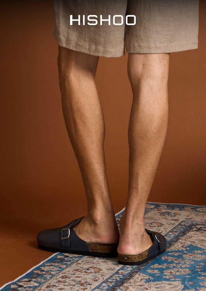 Dép đế trấu sục Boston quai ngang Xanh Dương da saffiano  HISHOO R109