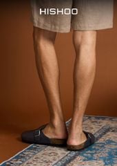 Dép đế trấu sục Boston quai ngang Xanh Dương da saffiano  HISHOO R109