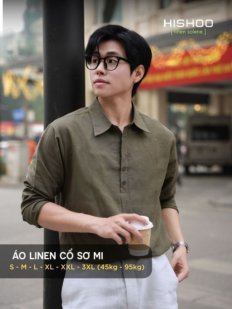 Áo Sơ Mi Nam Tay Dài Relax Form Rộng, Cổ Polo Sơ Mi, Xẻ V Linen Solene Vải Mềm Mát HISHOO A3T003