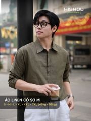 Áo Sơ Mi Nam Tay Dài Relax Form Rộng, Cổ Polo Sơ Mi, Xẻ V Linen Solene Vải Mềm Mát HISHOO A3T003