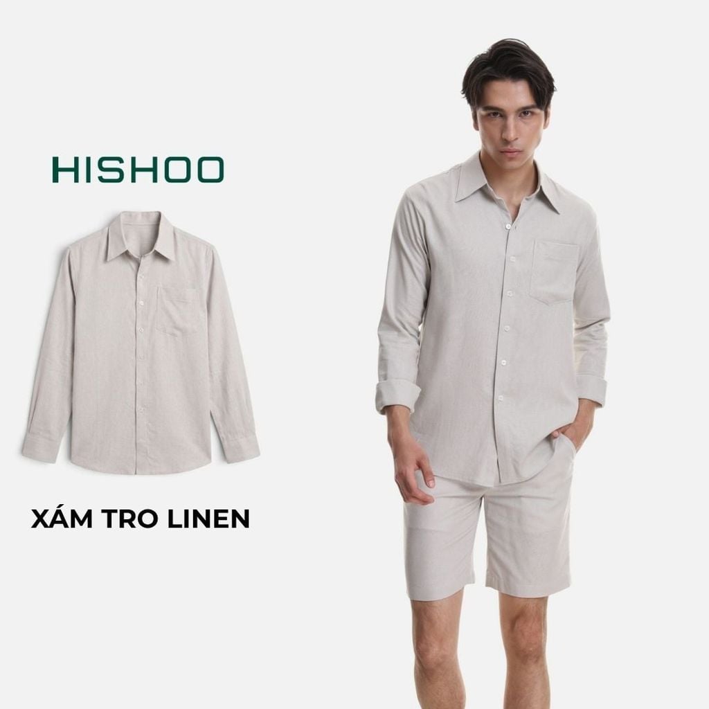 Áo Sơ Mi Nam Tay Dài Relax Form Rộng, Cổ Thường, Lai Ngang Linen Solene Vải Mềm Mát HISHOO A2T003