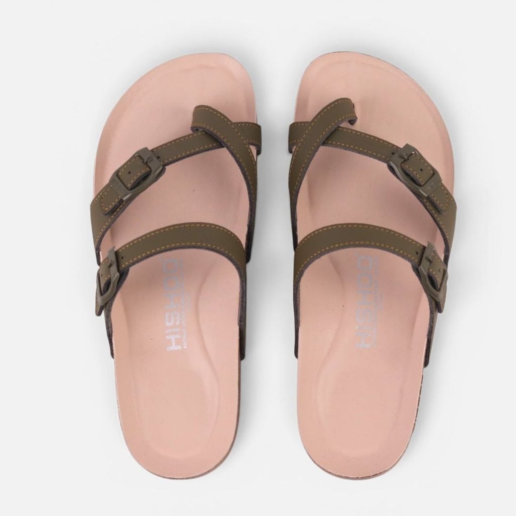 Dép đế trấu birken Xỏ Ngón Xanh Olive Da Trơn Premium HISHOO B098