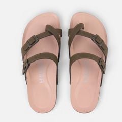 Dép đế trấu birken Xỏ Ngón Xanh Olive Da Trơn Premium HISHOO B098