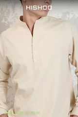 Áo Sơ Mi Nam Kem Tay Dài Relax Form Rộng, Cổ Polo Tàu Vuông, Xẻ V Linen Solene Vải Mềm Mát HISHOO A3T002