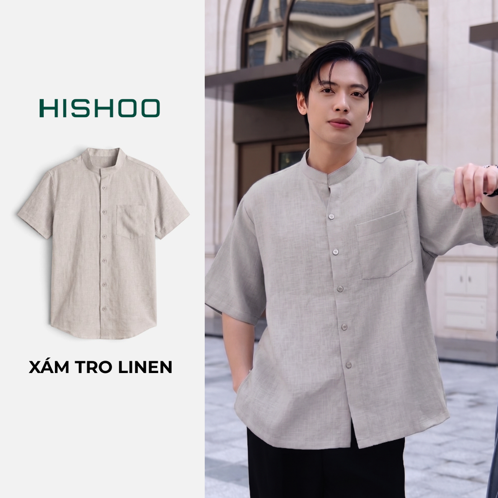 Áo Sơ Mi Nam Relax Form Rộng, Cổ Tàu Vuông, Lai Ngang Linen Solene Vải Mềm Mát HISHOO A1T002