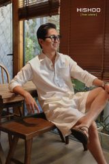 Áo Sơ Mi Rêu Nút Gỗ Nam Tay Dài Relax Form Rộng, Cổ Thường, Lai Ngang Linen Solene Vải Mềm Mát HISHOO A2T003