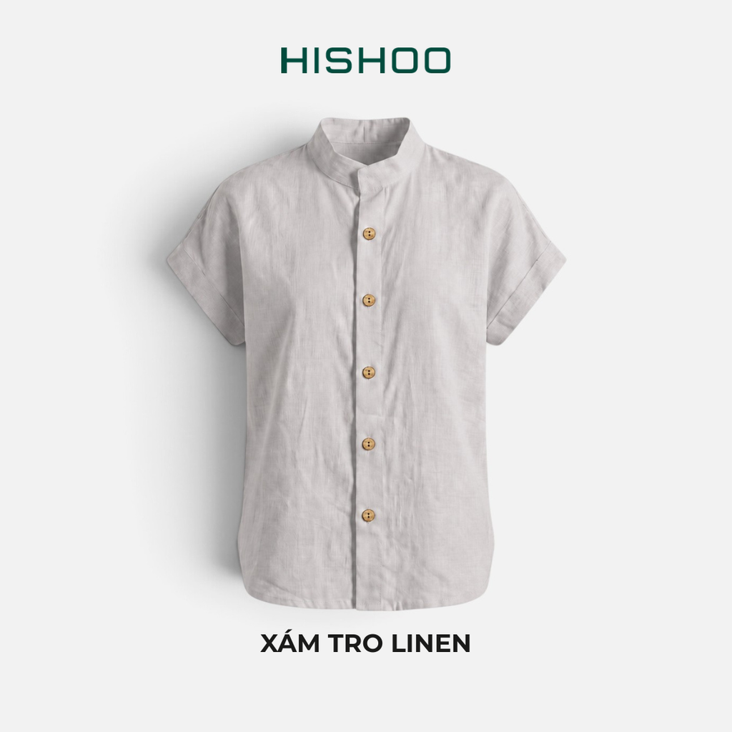 Áo Sơ Mi Nữ Nút Gỗ Tay Ngắn Relax Form Rộng, Cổ Tàu Vuông, Linen Solene Vải Mềm Mát HISHOO A4G002